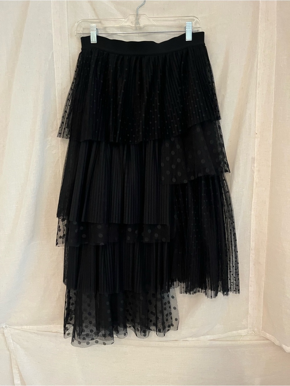 BCBGMaxAzria Black Layered Asymmetrical Polka Dot Tulle Skirt